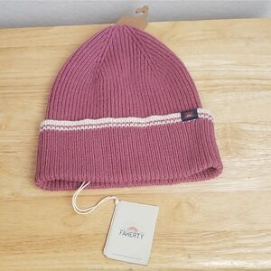 Faherty Retro Striped Beanie Rose Pink Recycled Wool Blend Ribbed Knit Hat Cozy